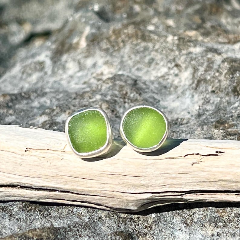 Stud Earrings Sea Glass Earrings Sterling Silver Beach Glass Earring Mermaid Tears Jewelry Ocean Earring Sea Glass Jewelry Gift for Wife Lime Green