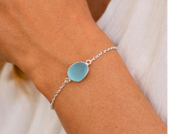 Ocean Blue Sea Glass Bracelet--Adjustable Sterling Silver Beach Glass Bracelet--Sea Glass Jewelry for Women