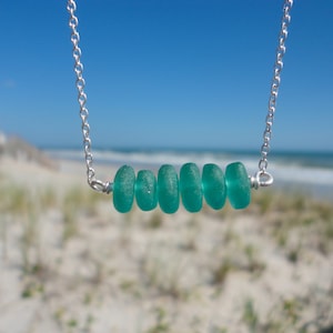 Teal Green Sea Glass Bar Necklace, Blue Beach Glass Necklace, Sterling Silver 16&quot;-18&quot; Chain, Sea Glass Necklace Gift, Gift for Beach Lovers