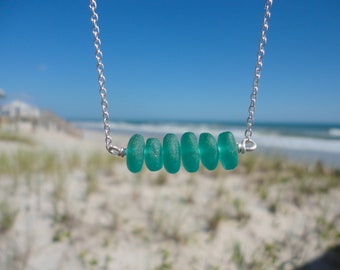 Teal Green Sea Glass Bar Necklace, Blue Beach Glass Necklace, Sterling Silver 16"-18" Chain, Sea Glass Necklace Gift, Gift for Beach Lovers