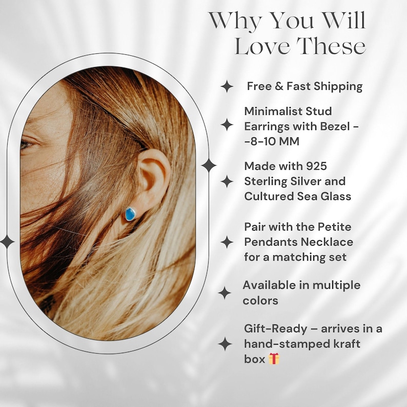 May include: Minimalist stud earrings with bezel, made with 925 sterling silver and cultured sea glass. The earrings are available in multiple colors and measure 8-10 mm. The text in the image says "Why You Will Love These".