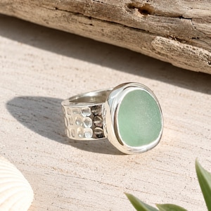 Sea Foam Green Hammered Sea Glass Ring-Sterling Silver Thick Band Ring--Sea Glass Jewelry made for Mermaids-Ocean Ring--Beach Jewelry