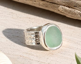 Sea Foam Green Hammered Sea Glass Ring-Sterling Silver Thick Band Ring--Sea Glass Jewelry made for Mermaids-Ocean Ring--Beach Jewelry