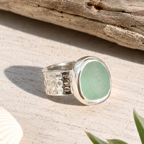 Sea Foam Green Hammered Sea Glass Ring-Sterling Silver Thick Band Ring--Sea Glass Jewelry made for Mermaids-Ocean Ring--Beach Jewelry