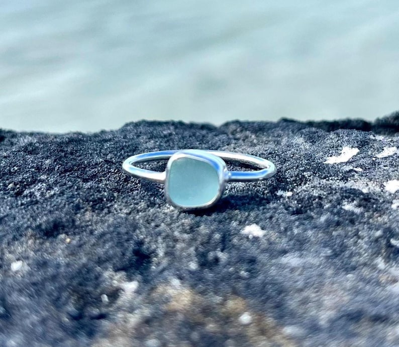 Teal Sea Glass Ring, Thin Sterling Silver Minimalist Beach Ring, Sea Glass Jewelry, Mermaid Ocean Ring, Beach Jewelry, Beach Birthday Gift image 15