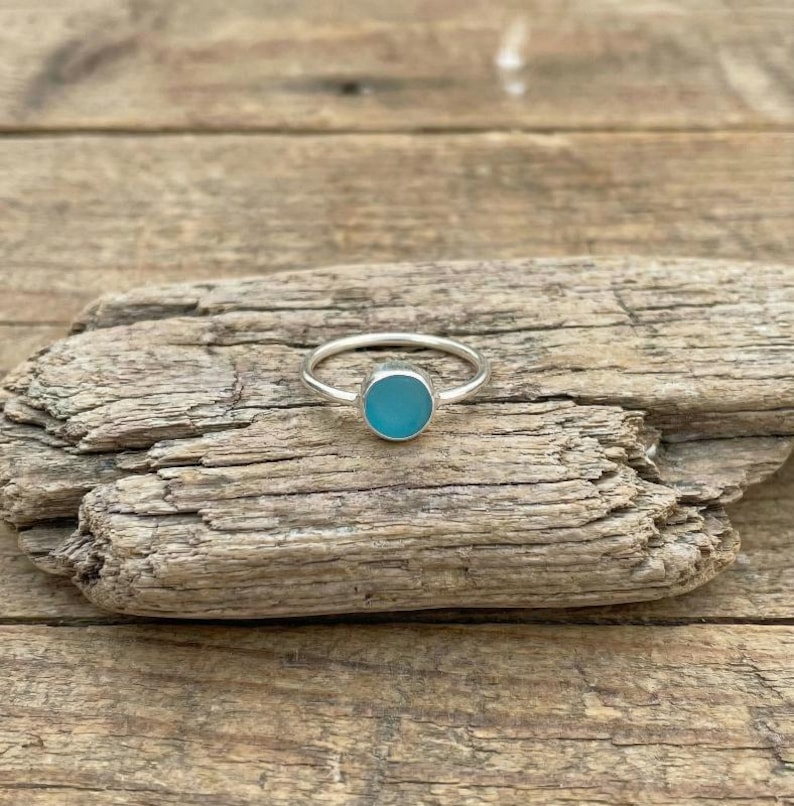 Teal Sea Glass Ring, Thin Sterling Silver Minimalist Beach Ring, Sea Glass Jewelry, Mermaid Ocean Ring, Beach Jewelry, Beach Birthday Gift image 16