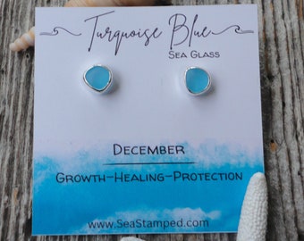 December Birthstone Earrings December Birthday Jewelry Turquoise Sea Glass Stud Earrings Sterling Silver Beach Glass Earrings December Gift