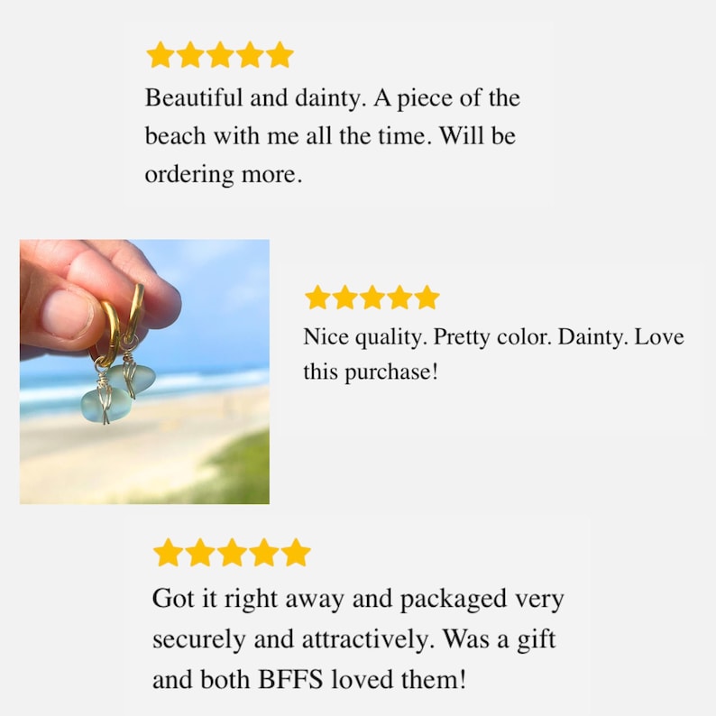 May include: Gold-colored hoop earrings with light blue, teardrop-shaped sea glass pendants. The earrings are held up against a backdrop of a beach and blue sky. The image also includes customer reviews.