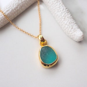 Petite Gold Sea Glass Pendant Necklace 24k Gold Plated Teal Green Beach Glass Jewelry Ocean Jewelry Birthday Gift Beach Wedding Jewelry Teal Green