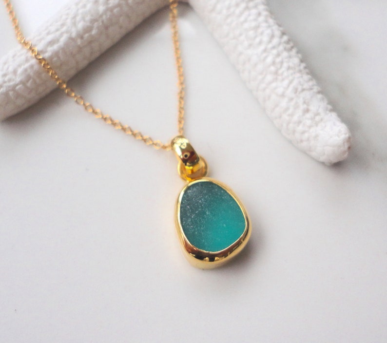 Petite Gold Sea Glass Pendant Necklace 24k Gold Plated Teal Green Beach Glass Jewelry Ocean Jewelry Birthday Gift Beach Wedding Jewelry Teal Green