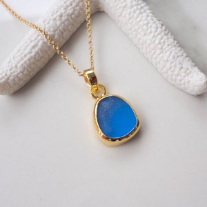 Petite Gold Sea Glass Pendant Necklace 24k Gold Plated Teal Green Beach Glass Jewelry Ocean Jewelry Birthday Gift Beach Wedding Jewelry Cobalt Blue