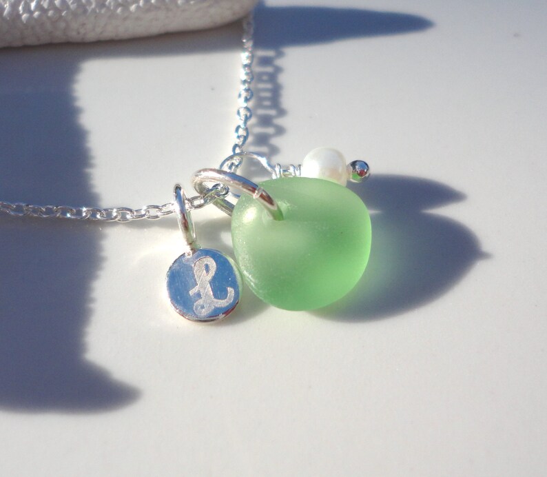 Tiny Initial Sea Glass Necklace, Petite Sterling Silver Initial Charm Necklace, Sea Glass Jewelry, Soul Sister Gift, Bridesmaid Necklace Peridot Green