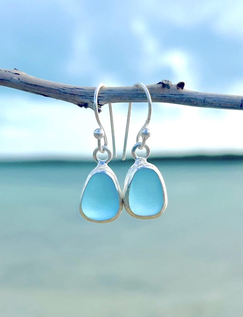 May include: A pair of light blue teardrop-shaped earrings with a silver border, hanging from silver hooks. The earrings are suspended from a small branch against a blurred background of the ocean and sky.