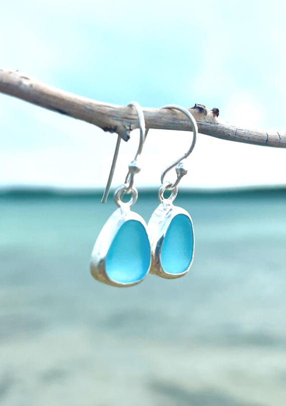 Sea Glass Dangle Earrings Sterling Silver Beach Earrings Ocean Jewelry Mermaid Earrings Sea Glass Jewelry Gift Coastal Vacation Earrings