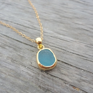 Petite Gold Sea Glass Pendant Necklace 24k Gold Plated Teal Green Beach Glass Jewelry Ocean Jewelry Birthday Gift Beach Wedding Jewelry Aquamarine Blue