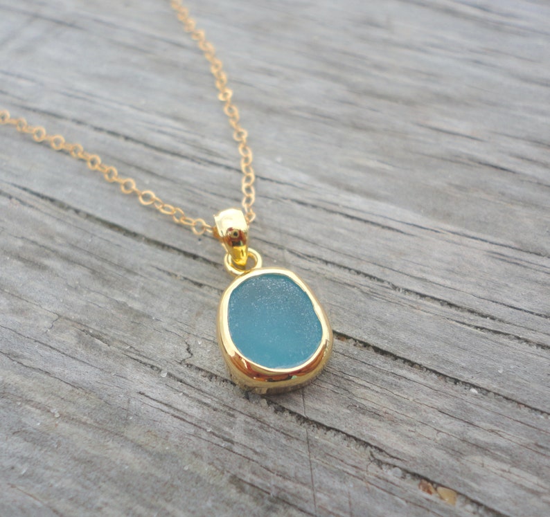 Petite Gold Sea Glass Pendant Necklace 24k Gold Plated Teal Green Beach Glass Jewelry Ocean Jewelry Birthday Gift Beach Wedding Jewelry Aquamarine Blue