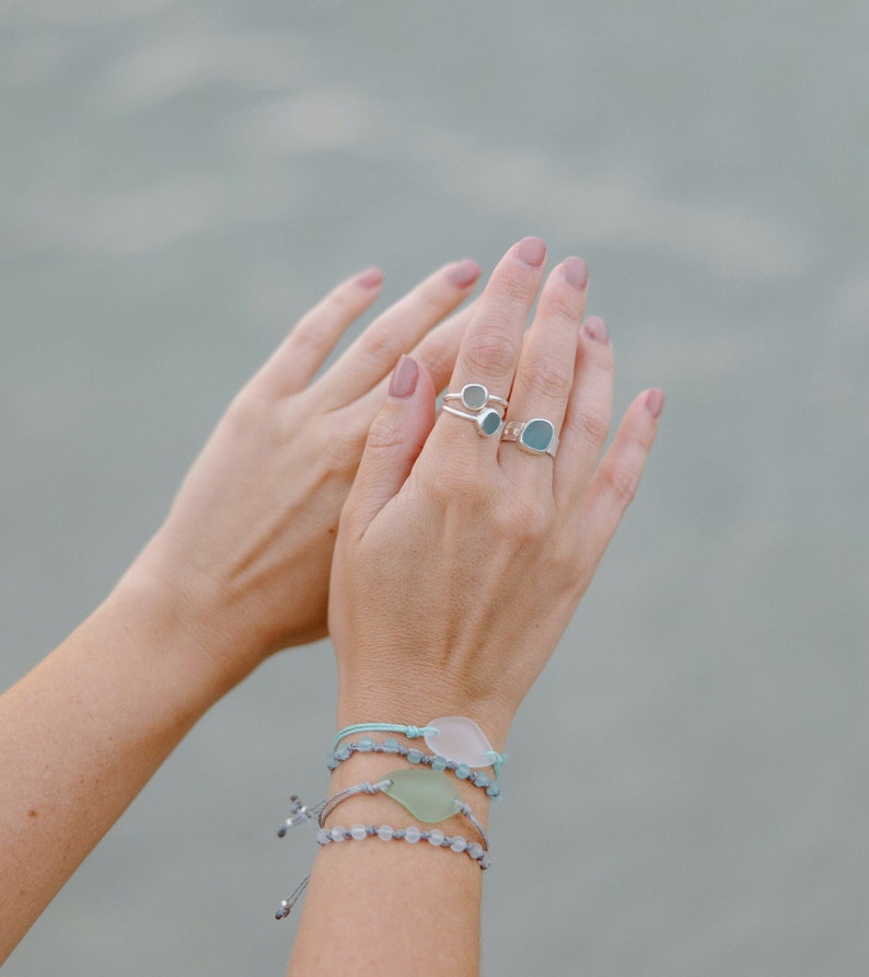 Light Blue Sea Glass Thin Band RingSterling Silver Minimalist Beach RingSea Glass Jewelry made for Mermaids-Ocean RingBeach Jewelry image 2