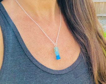 Simple Sea Glass Ombre Drop Necklace--Shades of Blue Sea Glass Necklace-=Sterling Silver Adjustable 18"-20" Chain