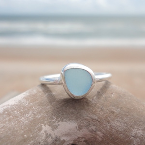 Light Blue Sea Glass Thin Band RingSterling Silver Minimalist Beach RingSea Glass Jewelry made for Mermaids-Ocean RingBeach Jewelry image 1