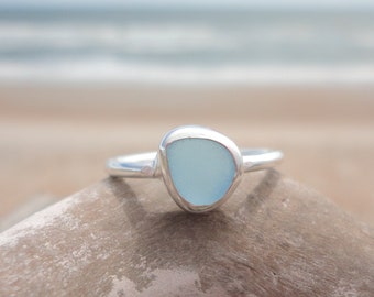 Light Blue Sea Glass Thin Band Ring--Sterling Silver Minimalist Beach Ring--Sea Glass Jewelry made for Mermaids-Ocean Ring--Beach Jewelry