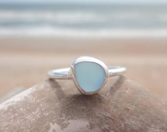 Light Blue Sea Glass Thin Band Ring--Sterling Silver Minimalist Beach Ring--Sea Glass Jewelry made for Mermaids-Ocean Ring--Beach Jewelry