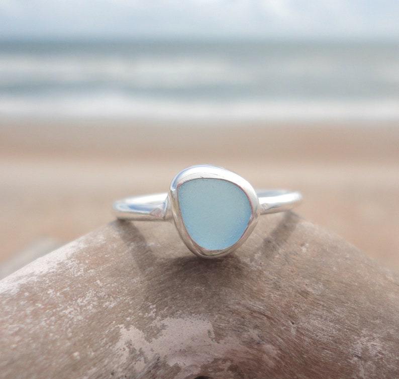 Light Blue Sea Glass Thin Band RingSterling Silver Minimalist Beach RingSea Glass Jewelry made for Mermaids-Ocean RingBeach Jewelry imagem 1