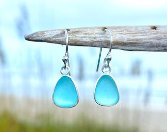 Sea Glass Earrings Dangle Sterling Silver Wire Wrap Drop Earrings Beach Glass Jewelry Gift for Beach Lover Mermaid Earrings Vacation Jewelry