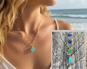 Personalized Dainty Sea Glass Necklace, Waterproof 18K Gold Plated Necklace,  Custom Name, Beach Jewelry Gift, Ocean Inspired Jewelry