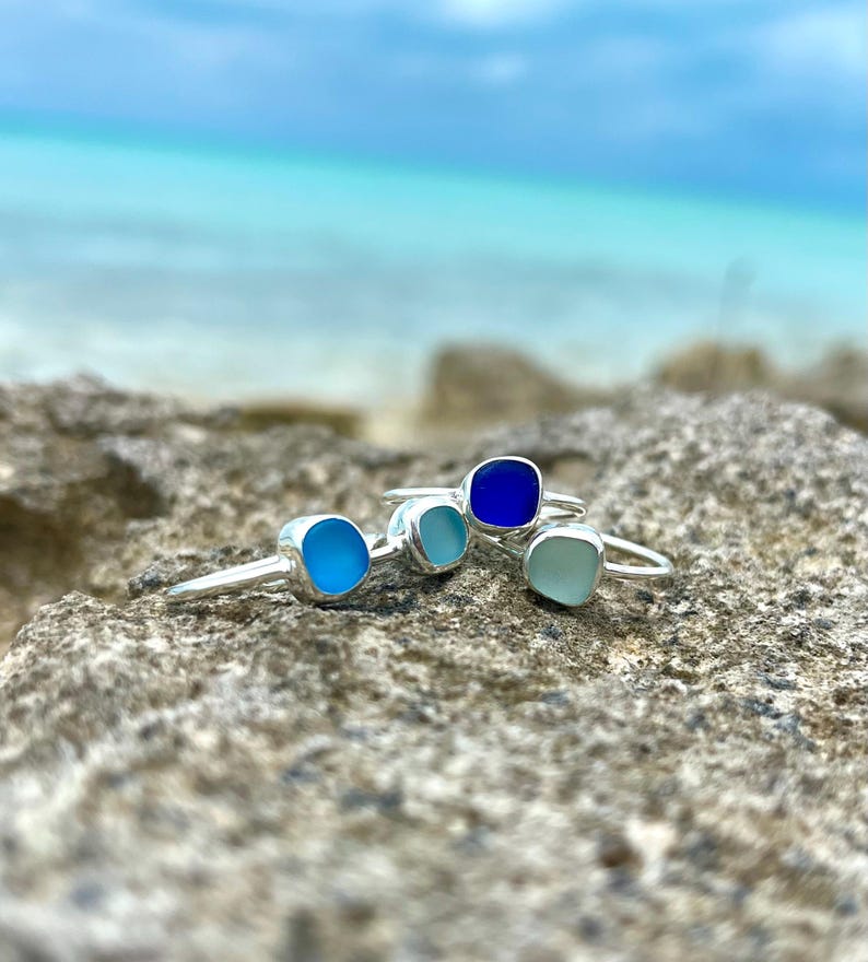 Teal Sea Glass Ring, Thin Sterling Silver Minimalist Beach Ring, Sea Glass Jewelry, Mermaid Ocean Ring, Beach Jewelry, Beach Birthday Gift image 2