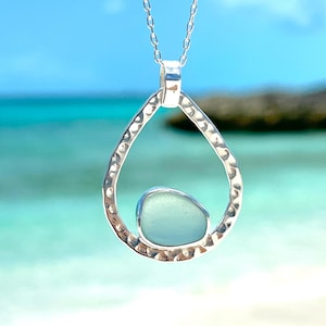 Sea Glass Teardrop Necklace, Sterling Silver Aqua Teardrop Sea Glass Pendant, Beach Glass Necklace, Ocean Necklace Mermaids, Sea Glass Gifts
