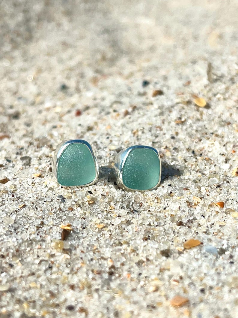 Sea Foam Sea Glass Stud Earrings, Bezel Stud Beach Glass Earrings, Mermaid Earrings, Ocean Earrings, Sea Glass Gifts, Sea Glass Jewelry Gift image 7