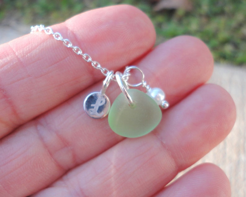 Tiny Initial Sea Glass Necklace, Petite Sterling Silver Initial Charm Necklace, Sea Glass Jewelry, Soul Sister Gift, Bridesmaid Necklace image 9