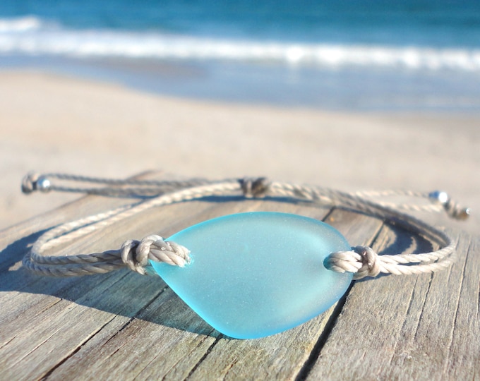 Sea Glass Bracelet Handmade Beach Bracelet Surfer Bracelet Adjustable Waterproof Bracelet Blue Sea Glass Piece Best Friend Bracelet Gift