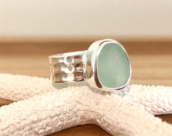 Sea Foam Green Hammered Sea Glass Ring-Sterling Silver Thick Band Ring--Sea Glass Jewelry made for Mermaids-Ocean Ring--Beach Jewelry
