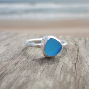 Cobalt Blue Sea Glass Thin Band Ring Sterling Silver Minimalist Beach Ring Sea Glass Jewelry made for Mermaids Ocean Ring Beach Jewelry