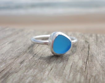 Cobalt Blue Sea Glass Thin Band Ring Sterling Silver Minimalist Beach Ring Sea Glass Jewelry made for Mermaids Ocean Ring Beach Jewelry