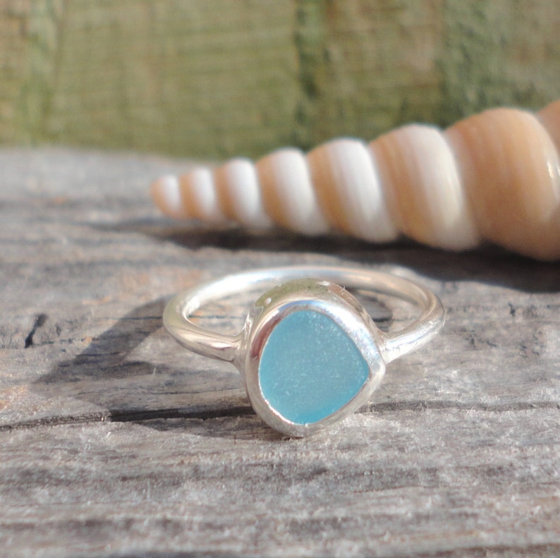Light Blue Sea Glass Thin Band RingSterling Silver Minimalist Beach RingSea Glass Jewelry made for Mermaids-Ocean RingBeach Jewelry image 5