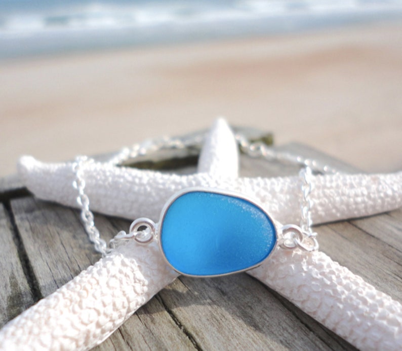 Sea Glass Bracelet, Adjustable Sterling Silver Beach Glass Bracelet, Sea Glass Jewelry for Women, Sea Glass Gifts, Blue Sea Glass Bracelet image 9