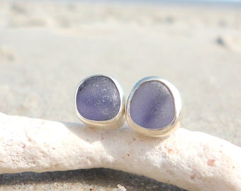 Amethyst Purple Sea Glass Stud Earrings February Birthstone Jewelry Sterling Silver Bezel Beach Glass Earrings Mermaid Ocean Earrings Gift