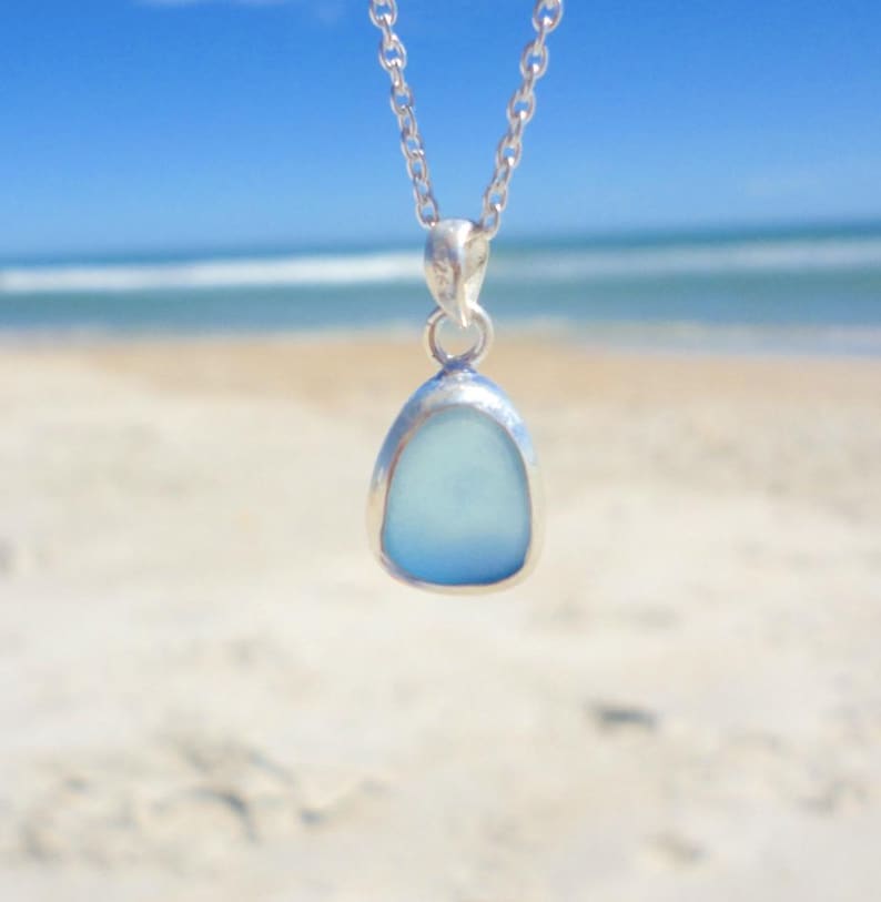 Sea Glass Pendant Necklace Sterling Silver Sea Glass Jewelry Mermaid Tear Ocean Necklace Mermaid Jewelry Birthday Gift Vacation Jewelry Gift Aquamarine Blue
