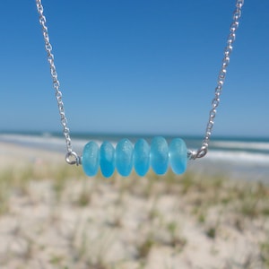 Light Blue Sea Glass Bar Necklace, Blue Beach Glass Necklace, Sterling Silver 16&quot;-18&quot; Chain, Sea Glass Necklace Gift, Gift for Beach Lovers