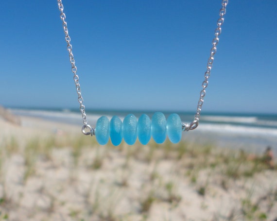 Light Blue Sea Glass Bar Necklace, Blue Beach Glass Necklace, Sterling Silver 16"-18" Chain, Sea Glass Necklace Gift, Gift for Beach Lovers