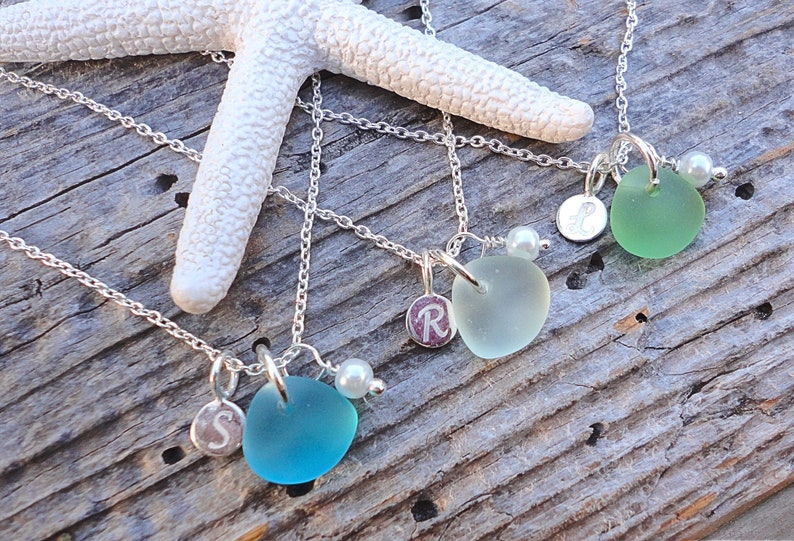 Tiny Initial Sea Glass Necklace, Petite Sterling Silver Initial Charm Necklace, Sea Glass Jewelry, Soul Sister Gift, Bridesmaid Necklace image 2