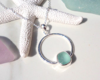 Sea Glass Circle Necklace with Aqua Sea Glass Sterling Silver Circle Pendant Sea Glass Jewelry Gift for Her Mermaid Beach Glass Necklace