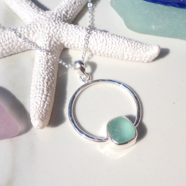 Sea Glass Circle Necklace with Aqua Sea Glass Sterling Silver Circle Pendant Sea Glass Jewelry Gift for Her Mermaid Beach Glass Necklace