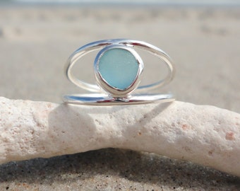 Aquamarine Blue Sea Glass Ring, Unique Beach Glass Ring, Double Wire Sterling Silver Ring, Sea Glass Jewelry, Seaglass Ring, Sea Glass Gifts