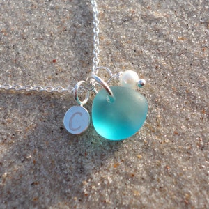 Tiny Initial Sea Glass Necklace, Petite Sterling Silver Initial Charm Necklace, Sea Glass Jewelry, Soul Sister Gift, Bridesmaid Necklace Light Blue