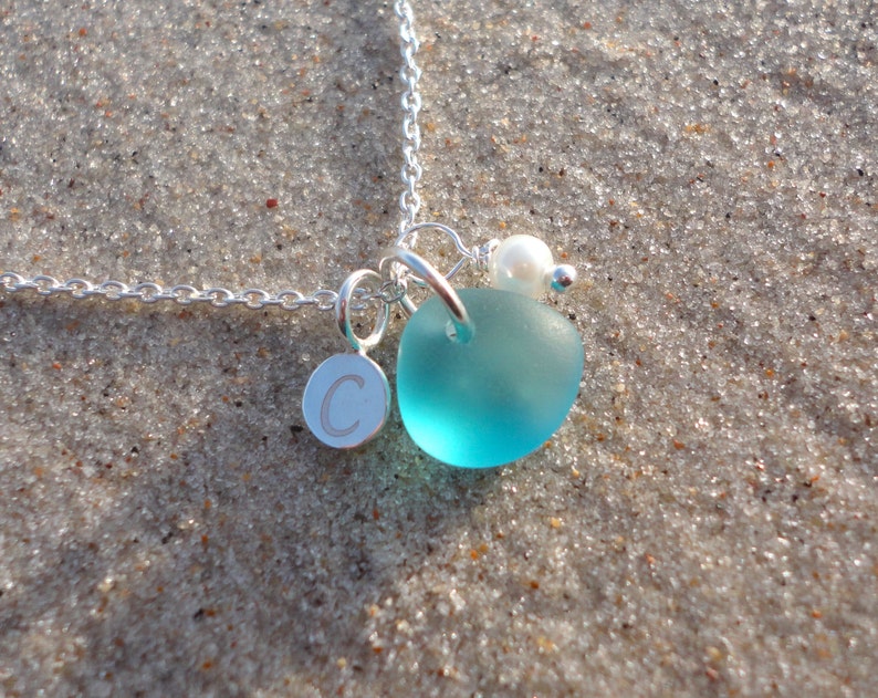 Tiny Initial Sea Glass Necklace, Petite Sterling Silver Initial Charm Necklace, Sea Glass Jewelry, Soul Sister Gift, Bridesmaid Necklace Light Blue