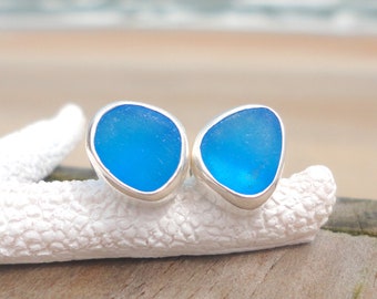 Cobalt Blue Sea Glass Stud Earrings-Sterling Silver Bezel Beach Glass Earrings-Mermaid Earrings for Women-Ocean Earrings
