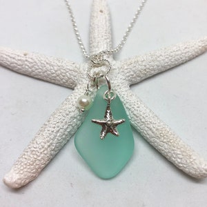 Aqua Sea Glass Charm Necklace- Sterling Silver-Starfish and Pearl Charm-Beach Jewelry
